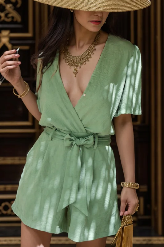 Surplice Tie Waist Short Sleeve Romper Confident Women's High - fashion
