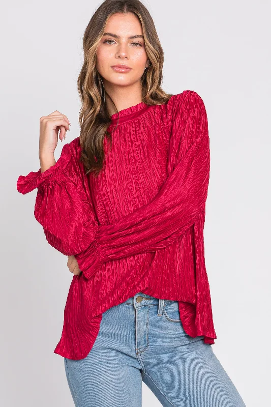 Magenta Textured Mock Neck Blouse European