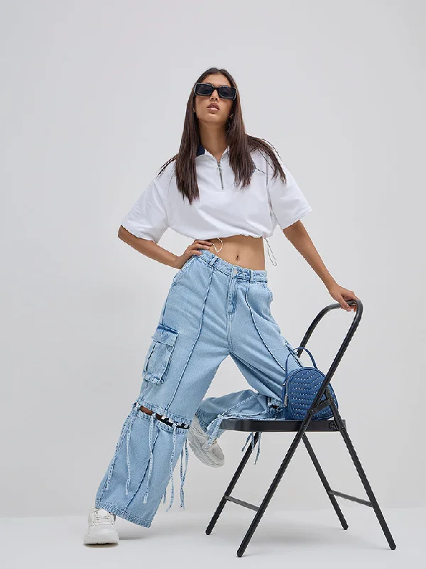 Nuon Light Blue  Cargo-Style Relaxed - Fit High - Rise Jeans Compression