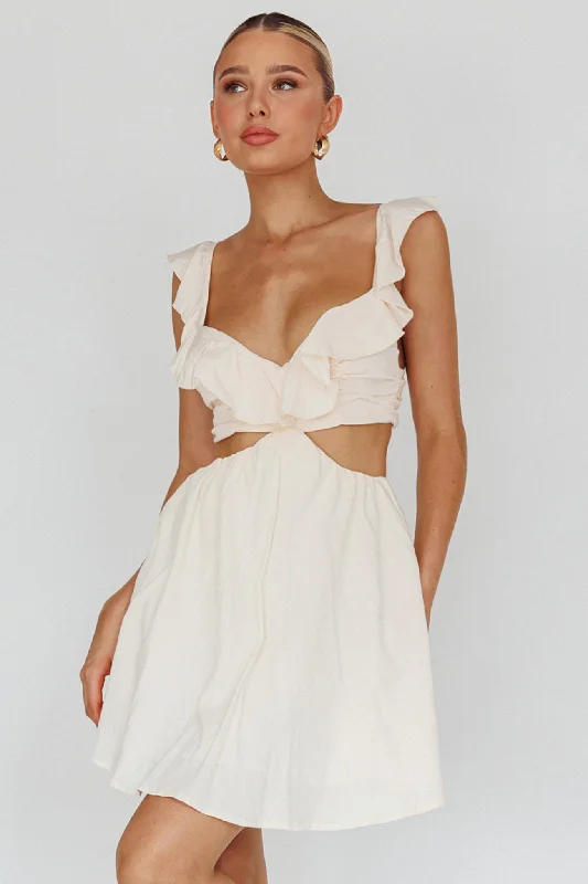 Revel Ruffle Trim Cut-Out Waist Dress Ivory Minimalist Women's Casual