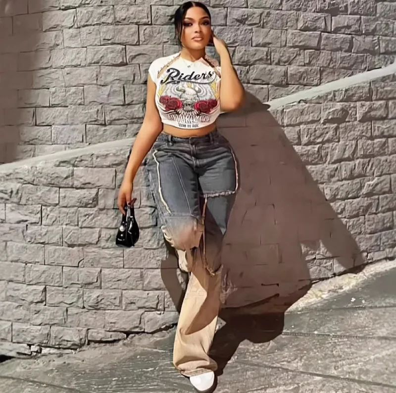 Casual Patchwork Frayed Denim High Rise Jeans Disco