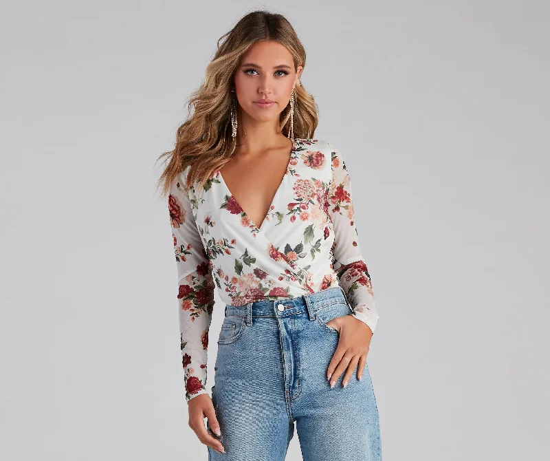 Natural Bloom Mesh Floral Surplice Bodysuit Business