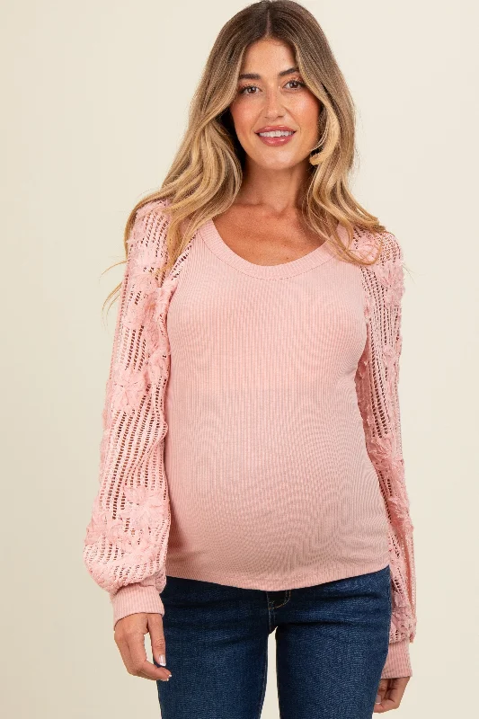 Light Pink Floral Lace Balloon Sleeve Maternity Top Disco