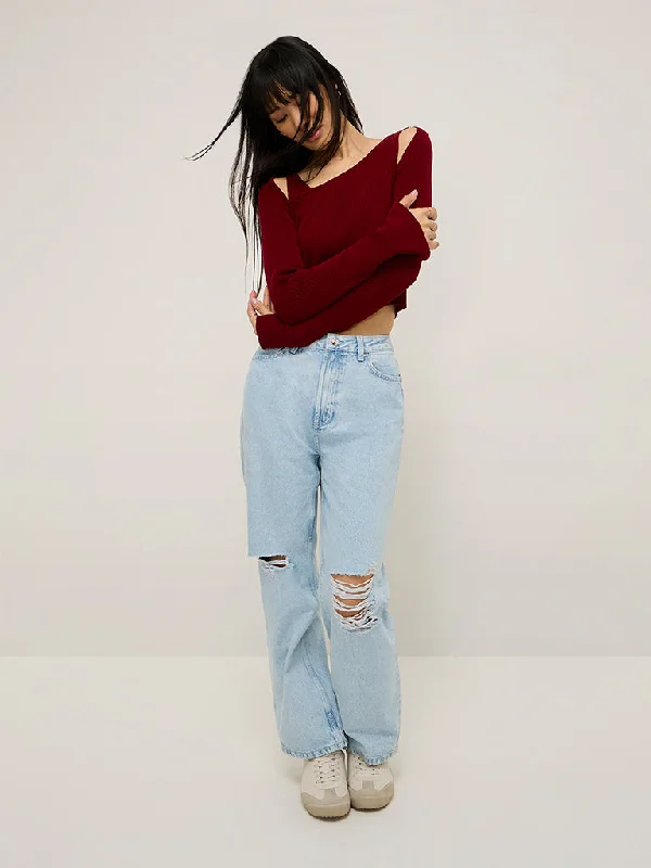 Nuon Light Blue Distressed Straight - Fit High - Rise Jeans Relaxed Women's Beachy