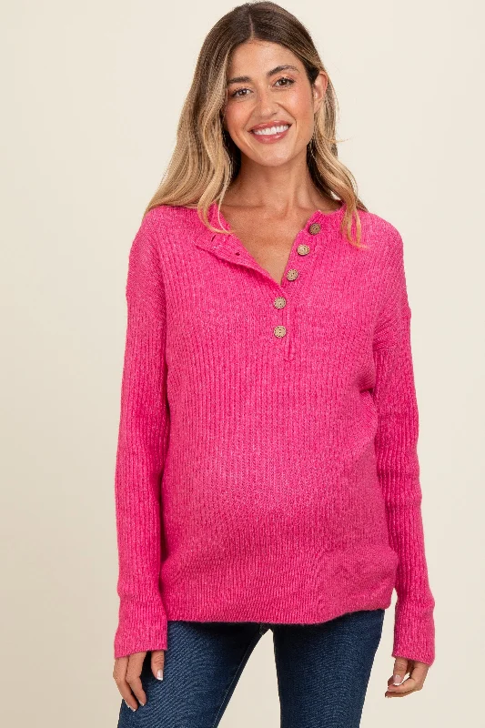 Fuchsia Buttoned Up Sweater Knit Maternity Top Feminine Women's Style 