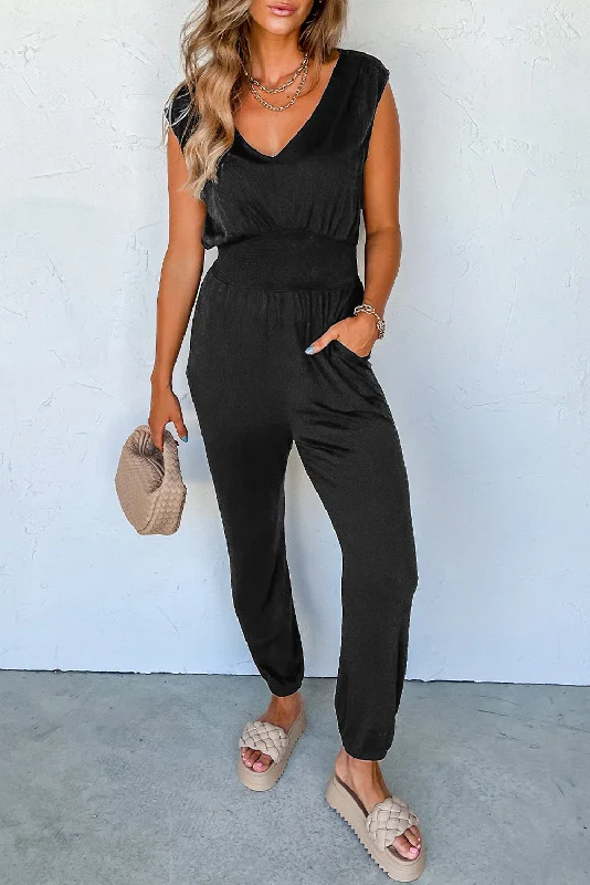 V-Neck Wide Strap Pocketed Jumpsuit Dapper Women's Bow - adorned