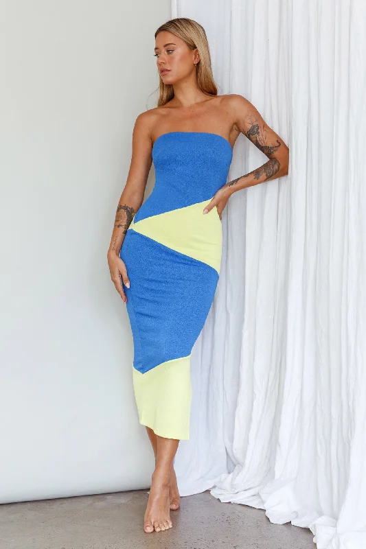 Shondra Crepe Texture Tube Dress Blue Feminine Women's Style 