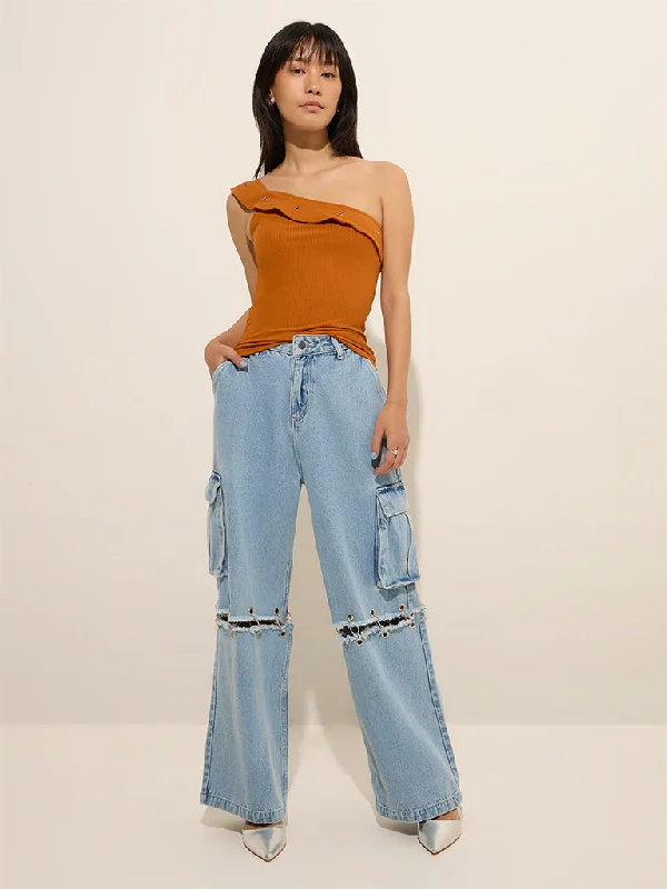 Nuon Light Blue High - Rise Wide Leg Jeans Feminine Women's Style 