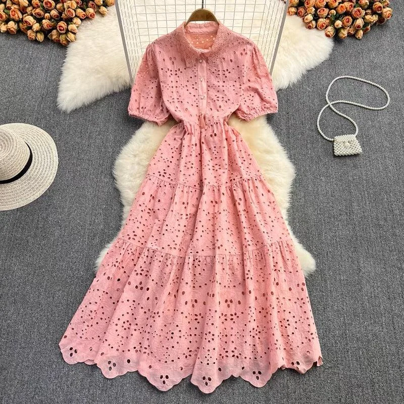 Semenna Cotton Eyelet Midi Dress Casual Women's Japanese 