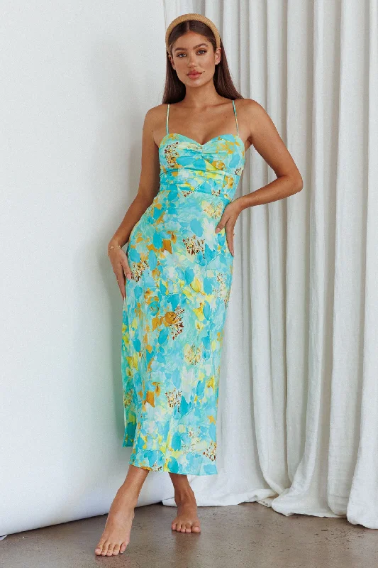 Golden Sands Cami Strap Maxi Dress Floral Teal Sophisticated Women's Tailored
