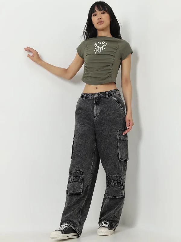 Nuon Grey Relaxed - Fit High - Rise Denim Cargo Jeans Modern Women's Tech