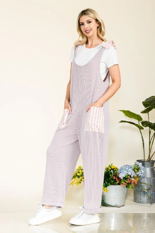 Celeste Full Size Stripe Contrast Pocket Rib Jumpsuit Country