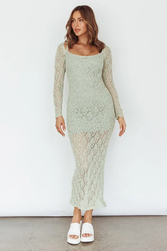 Happy Place Long Sleeve Crochet Midi Dress Sage European
