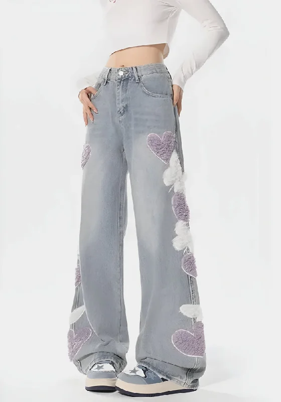 Soft Girl Fluffy Heart Butterfly Jeans Sporty Women's Athleisure 