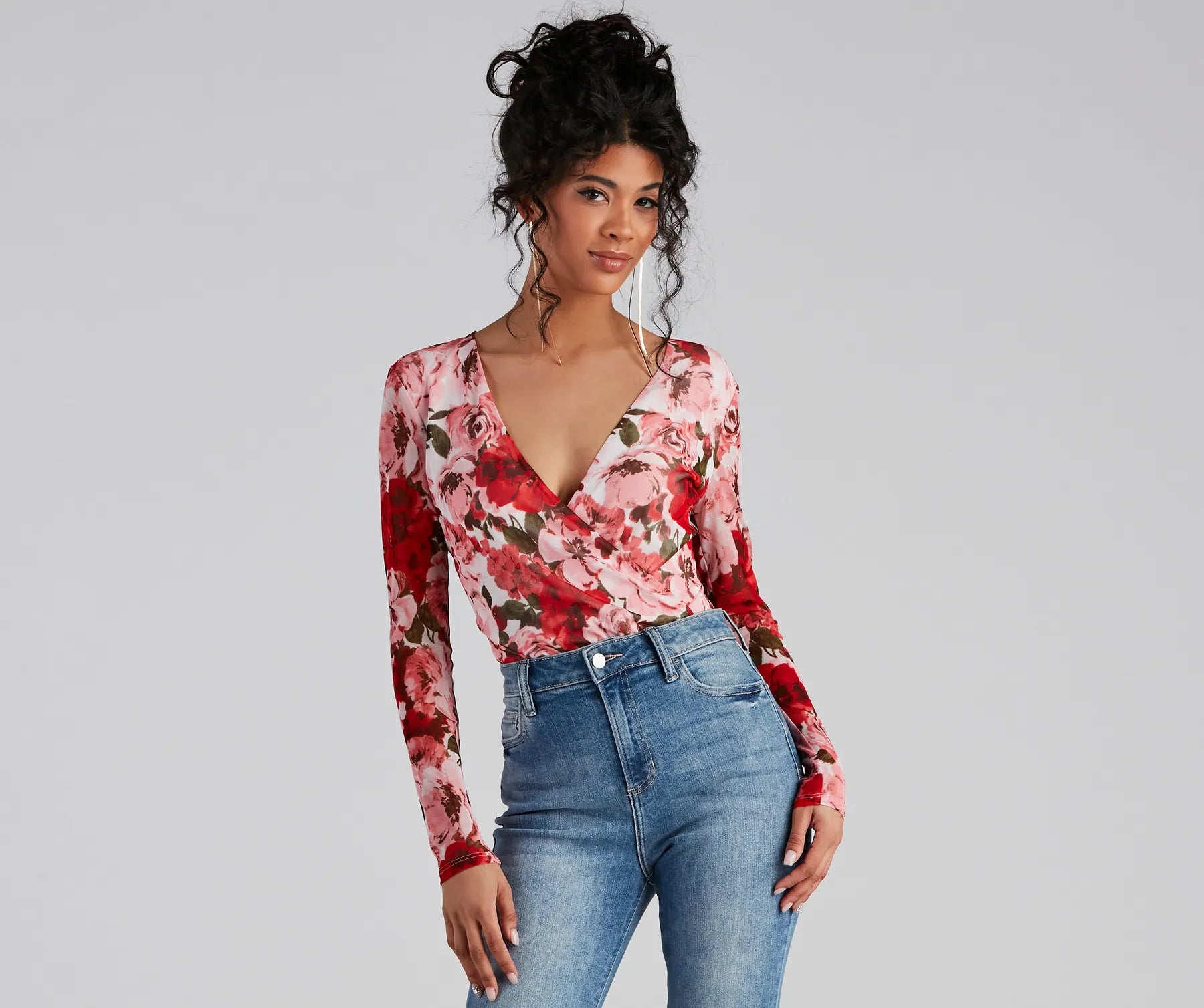 Must Be Love Mesh Floral Bodysuit Geometric