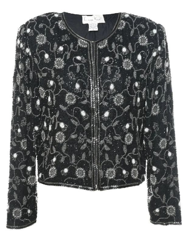 Beaded Black Floral Silk Evening Jacket - M Unique Women's Upcycled