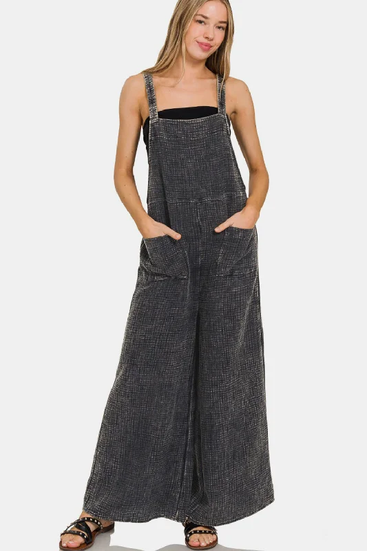 Zenana Washed Double Gauze Elastic Waist Wide Leg Overalls Minimalist Women's Casual