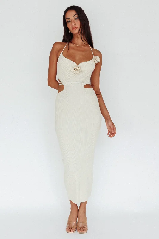 Rue Rose Accent Ribbed Knit Midi Dress Beige Sporty Women's Tennis