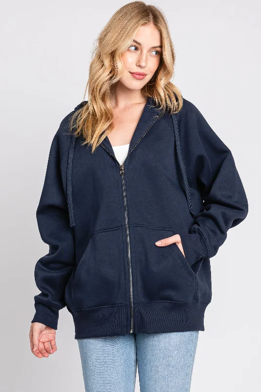Navy Front Zipper Hooded Sweater Trendy Women's 