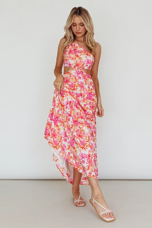 Evening Breeze Cut-Out Waist Maxi Dress Floral Pink Trendy Women's 