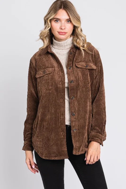 Brown Corduroy Plaid Fleece Lined Button Down Shacket Sophisticated Women's Tailored