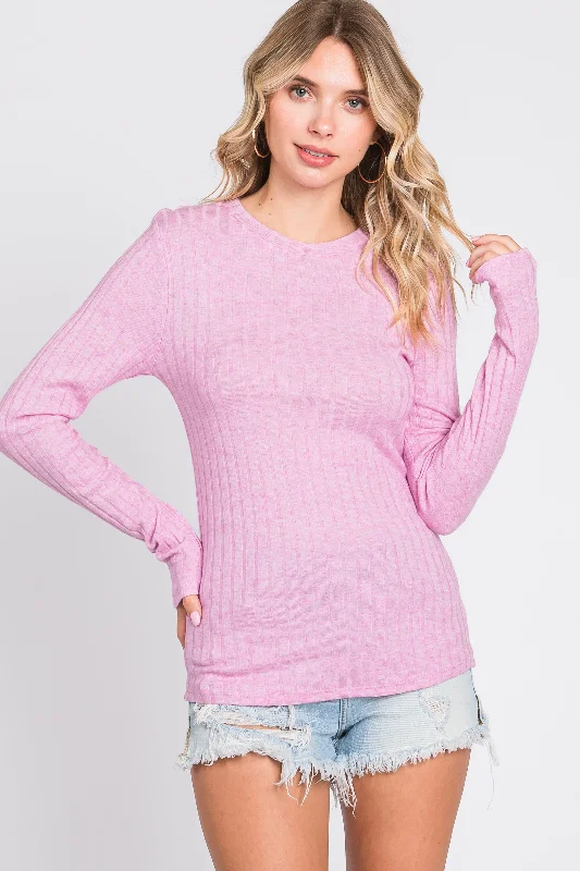 Pink Ribbed Long Sleeve Top Hip Women's Urban