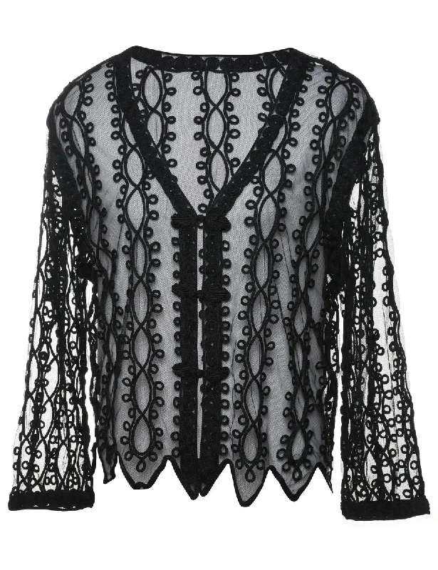 Black Classic Lace Sheer Jacket - L Modern Women's 