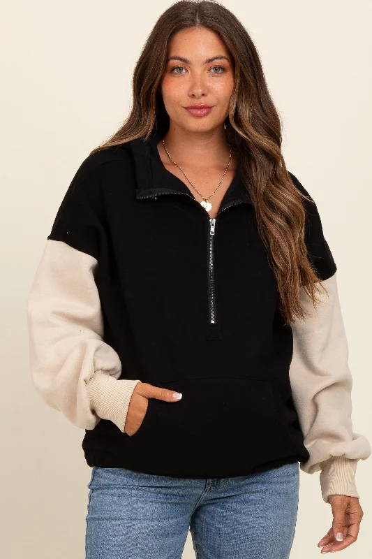 Black Coloblock Half Zip Maternity Hoodie Hip Women's Retro