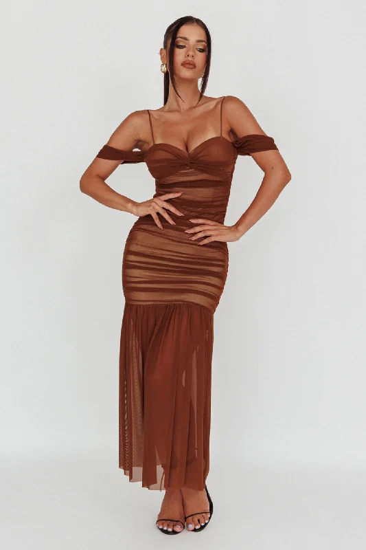La Salle Ruched Mesh Maxi Dress Chocolate Gym