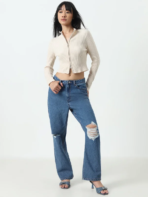 Nuon Blue Ripped Relaxed - Fit High - Rise Jeans Tough Women's Military - inspired
