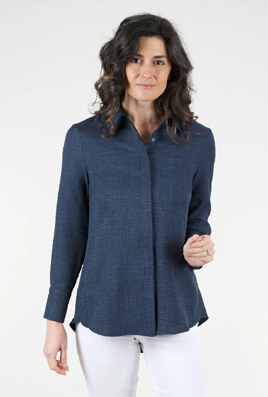 Back Pleated Blouse, Heathered Navy Confident Women's Power