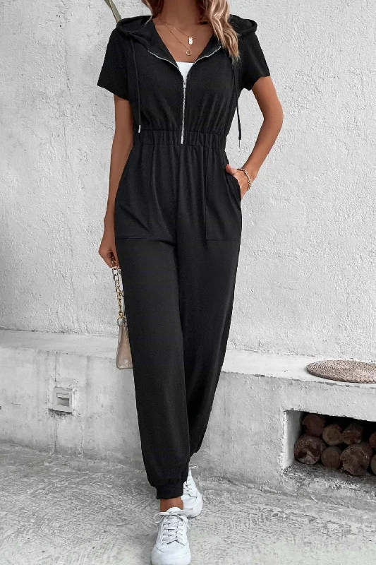 Zip-Up Short Sleeve Hooded Jumpsuit with Pockets Luxurious Women's High -  end