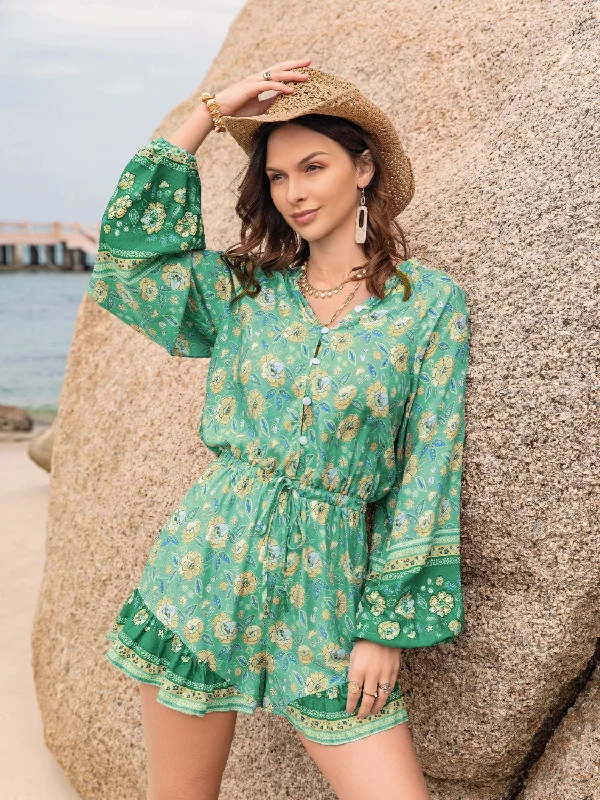 Printed Ruffled Balloon Sleeve Romper Bohemian Women's Free