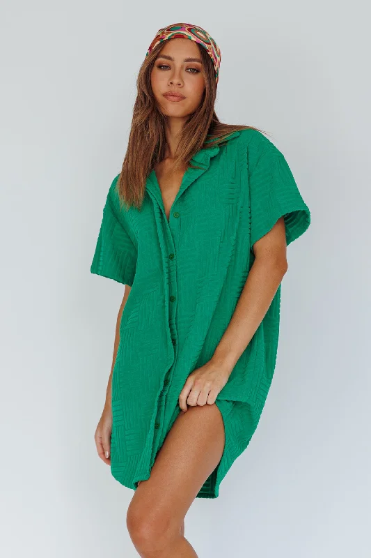 Sun Time Textured Shirt Dress Green Practical Women's Multi - 