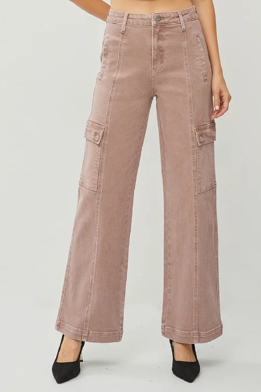 RISEN High Rise Wide Leg Cargo Jeans in Mauve garde