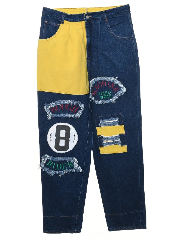 High Waist Tapered Dark Wash Appliqued Jeans - W32 L30 Vacation