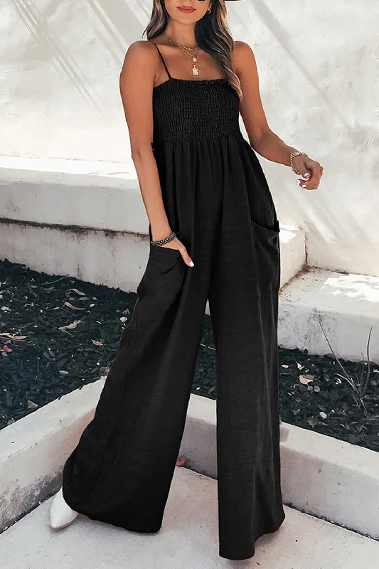 Spaghetti Strap Smocked Jumpsuit with Pockets Laid - back Women's Vibe