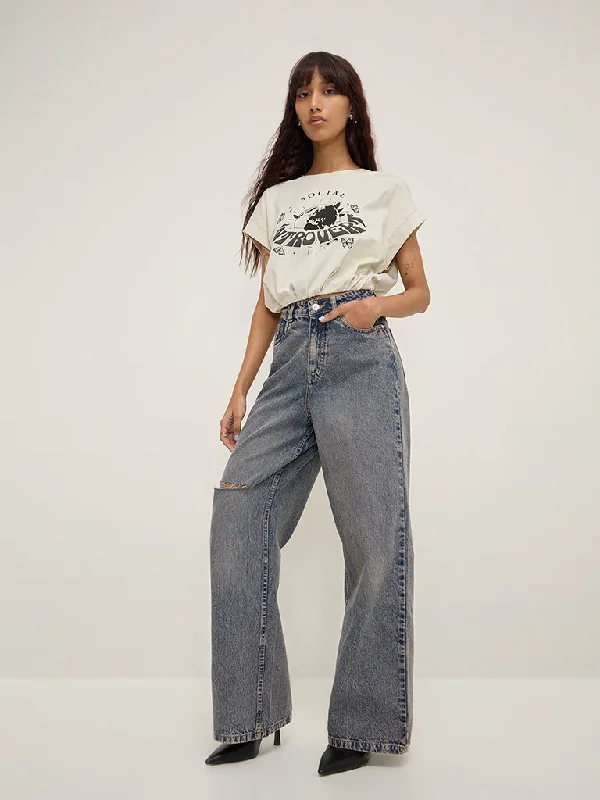 Nuon Blue Distressed Wide - Leg Fit High - Rise Jeans Modern Women's 