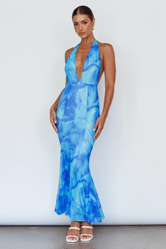 Mayah Halterneck Maxi Dress Printed Blue Geometric