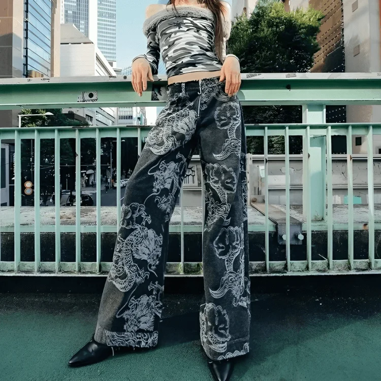 Dragon Printed Jeans Youthful Women's Pop