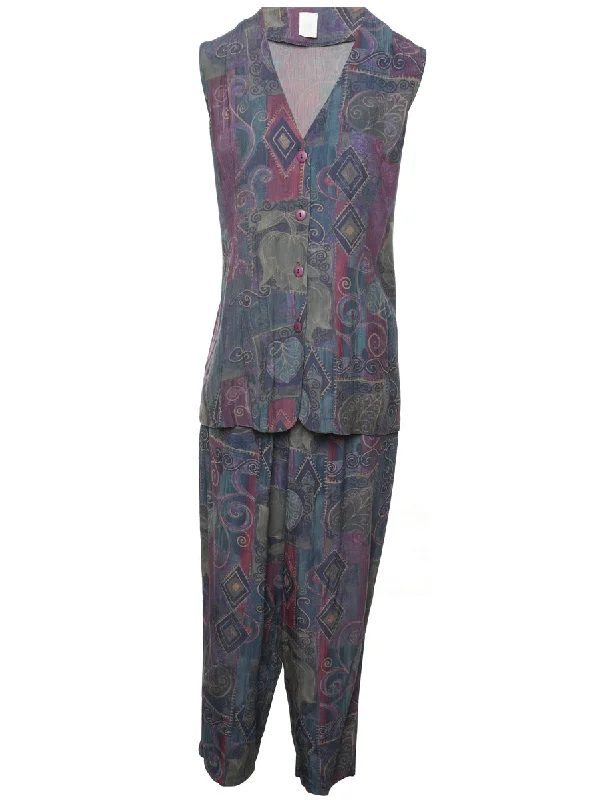 Patterned 1990s Multi-Colour Top & Trouser Set - M Hip Women's Urban