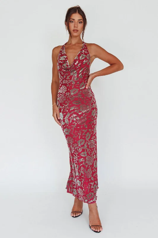 Byzantine Cowl Halterneck Midi Dress Floral Wine Relaxed Women's 