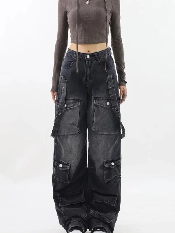 Y2K Belted Dark Wash Cargo Jeans Vacation