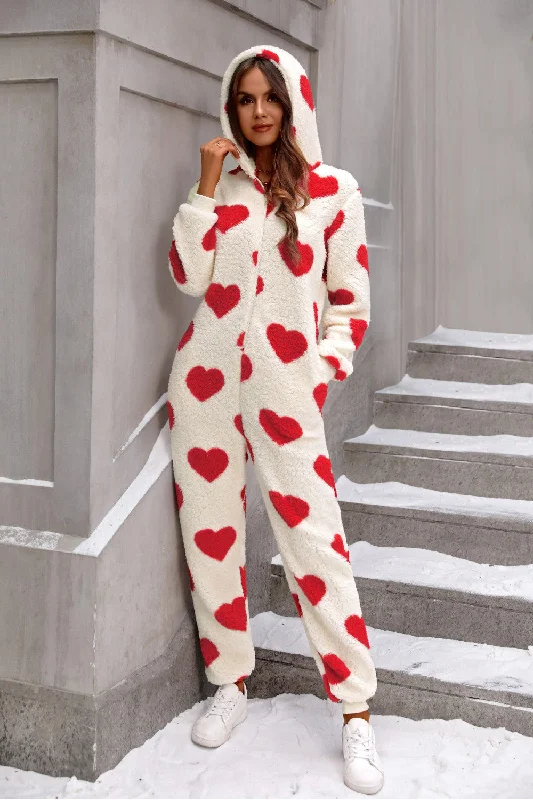 Fuzzy Heart Zip Up Hooded Lounge Jumpsuit Sophisticated Women's 