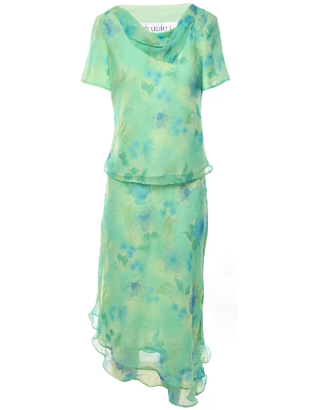Floral Light Green Cowl Neck & Asymmetric Hem Top & Skirt Set - L Confident Women's Power