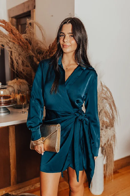 Hampton Wrap Satin Dress In Teal Gym