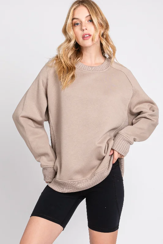 Taupe Pullover Terry Crewneck Traditional Women's 
