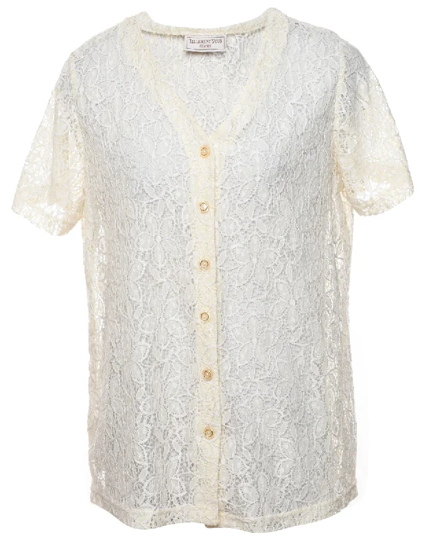 Pale Yellow Lace Blouse - L Classic Women's Tweed