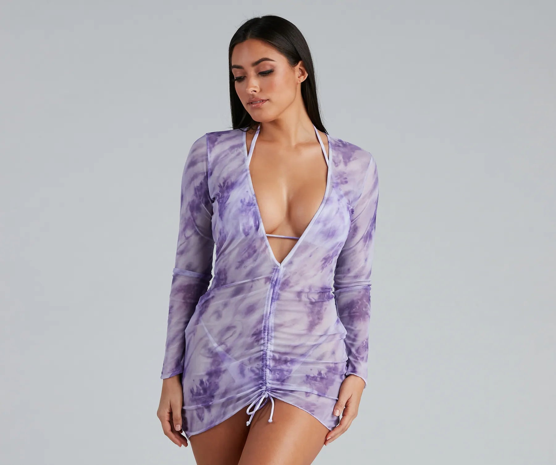 On Cloud Nine Mesh Ruched Cover-Up Artistic Women's Hand - painted