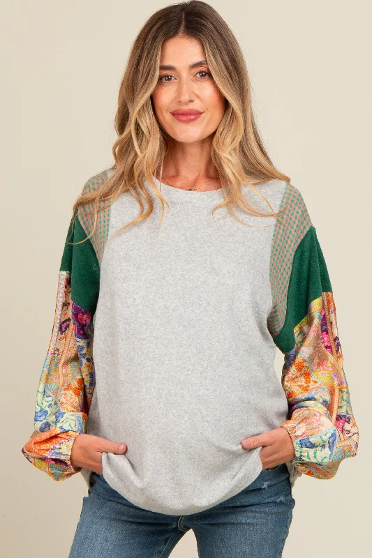 Heather Grey Mixed Print Bubble Sleeve Maternity Top Dapper Women's Bow - adorned
